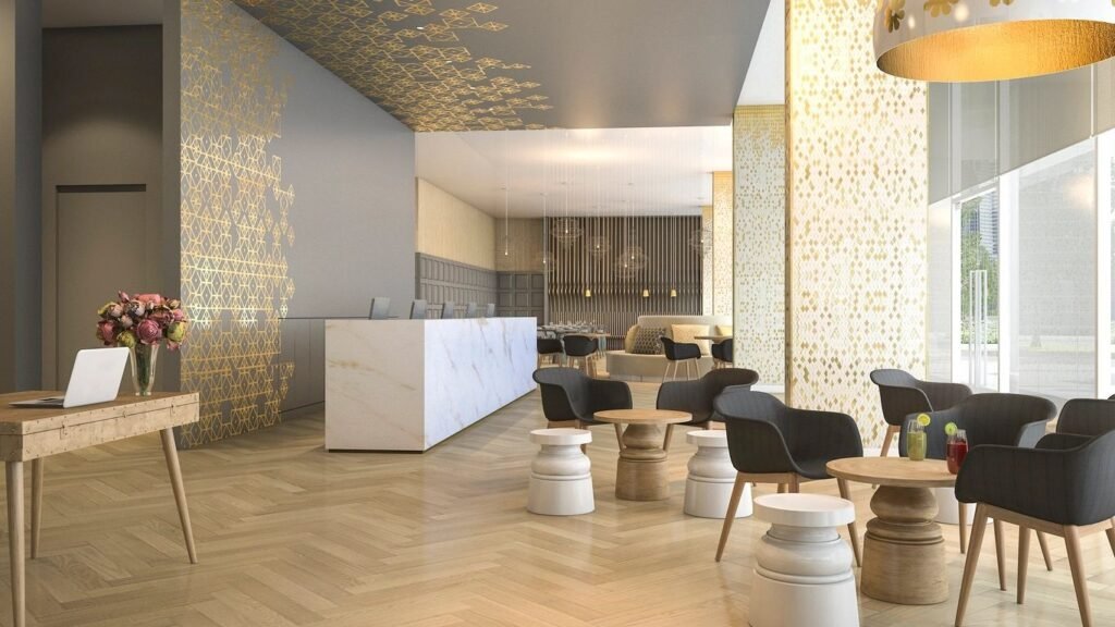 Modern lounge area with stylish seating and ambient lighting.