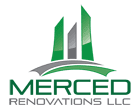 Logo of Merced Renovations LLC with green building shapes.
