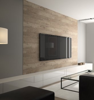 Modern living room with a wall-mounted TV and minimalist decor.