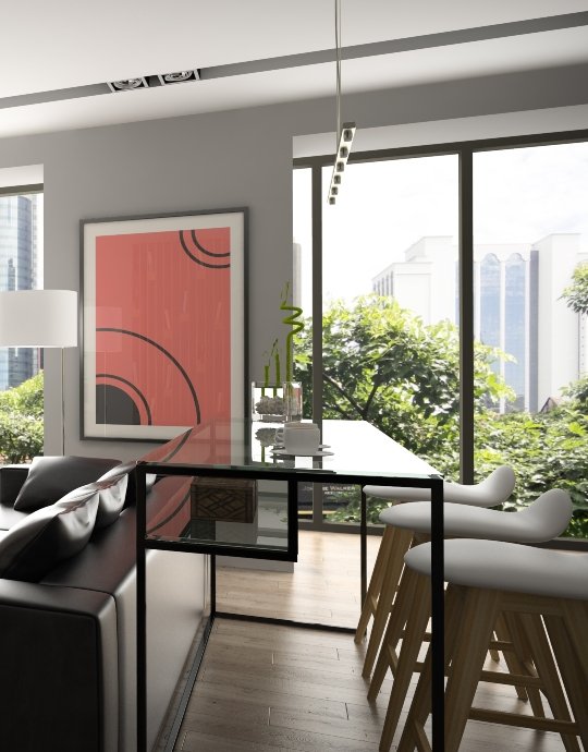 Modern dining area with large windows and abstract wall art.